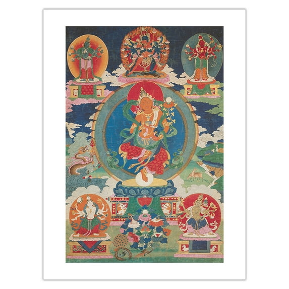Sherab Jamma - The Loving Mother of Wisdom - Bon Deity - Vintage Tibetan Thangka Buddhist Painting - Bamboo Fine Art 290gsm Paper Print (Unframed) 18x24in