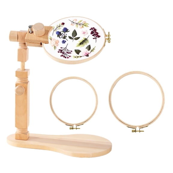 Sherbo Adjustable Embroidery Hoop Stand Rotated Beech Wood Hands-Free Cross Stitch Frame Solid Natural Wood with 2 Hoops 6 Inch and 7 Inch