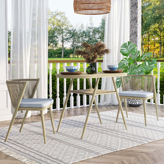 Sheret Aluminum and PE Wicker 3-Piece Dining Table Set, Natural Tone