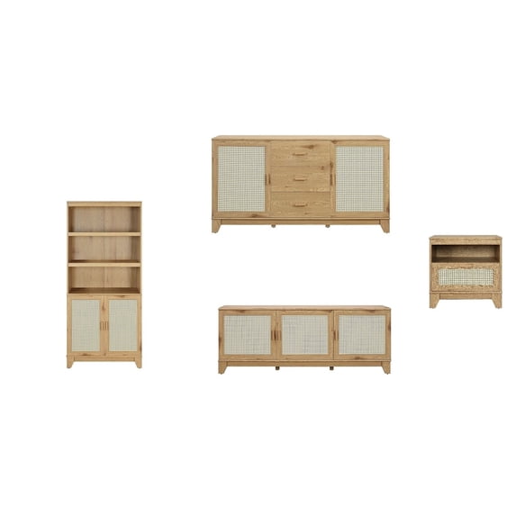 Sheridan 4-PC Engineered Wood Bookcase TV Stand Sideboard End Table in Natural