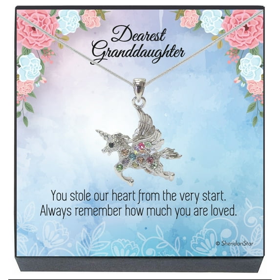 SheridanStar Granddaughter Multicolor Crystal Unicorn Fairy Necklace, Jewelry Gifts for Teens, Females from Grandma, Grandpa, Grandparents