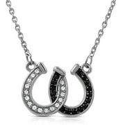 SheridanStar Lucky Clear and Black Crystals Double Horseshoes Silver Tone Necklace Fashion Jewelry (Black)