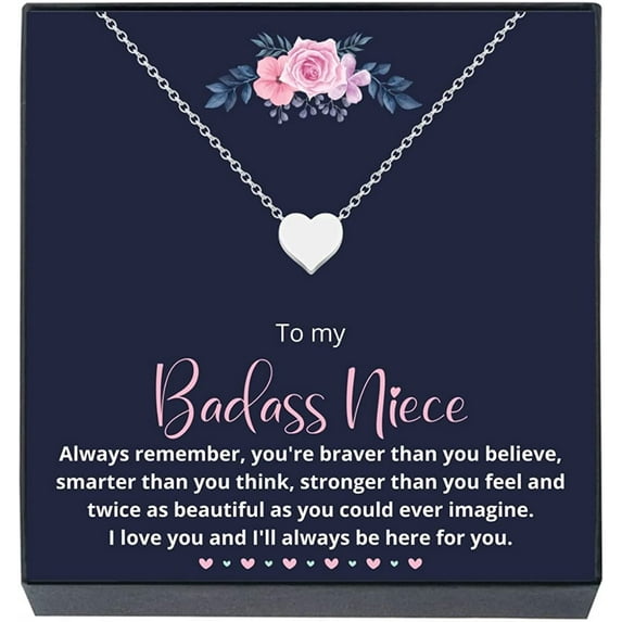 SheridanStar Niece Necklace Jewelry Gift from Aunt or Uncle ''You Are Braver, Smarter, Stronger, Loved Small Heart Pendant Necklace (To My Badass Niece - Silver)