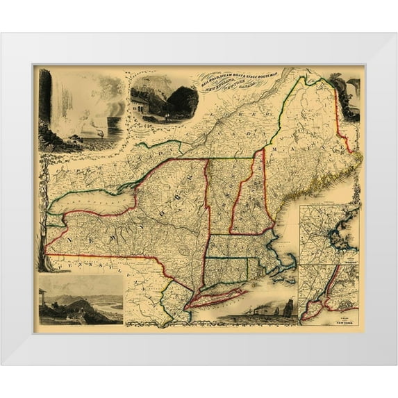 Sherman 31x26 White Modern Wood Framed Museum Art Print Titled - Railroad, Steam Boat, Stage Routes - Sherman 1850