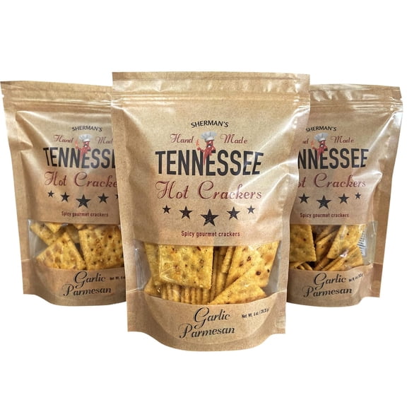 Sherman's Tennessee Hot Crackers, Garlic Parmesan Flavor. 3 pack. (6oz each), Spicy Snack Crackers.