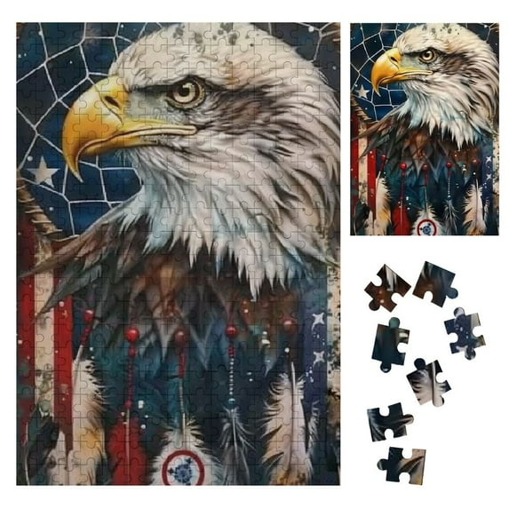Sheronv Bald Eagle American Flag Dream Catcher Wooden Puzzle Vertical Impossible Wooden Puzzle Gift for Family Friends 300PCS