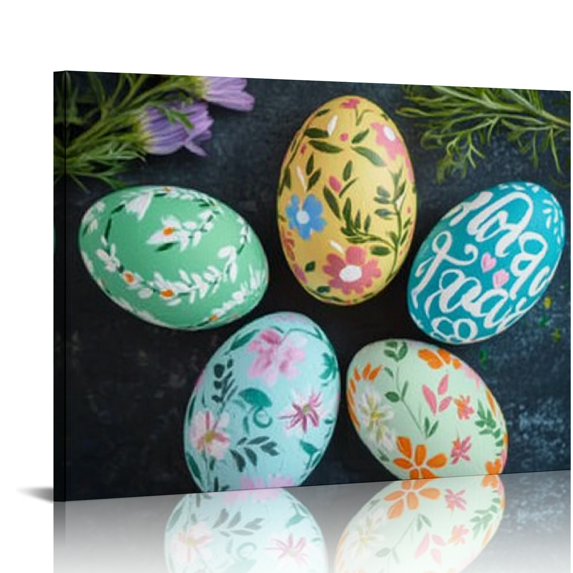 Sheronv Easter Eggs Flowers Canvas Art Print for Wall Decor in Living Room Bedroom Home Office, Waterproof and Tear Resistant, Ideal Gift Set 20x16in
