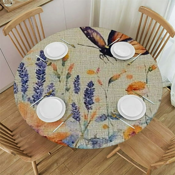 Sheronv Flowers Butterfly Watercolor Painting Round Table Cover - Stain Resistant, Washable - Perfect for Indoor, Outdoor Tablecloth, Kitchen, Dining, Wedding, Parties - Table Cloth with Elastic Edge