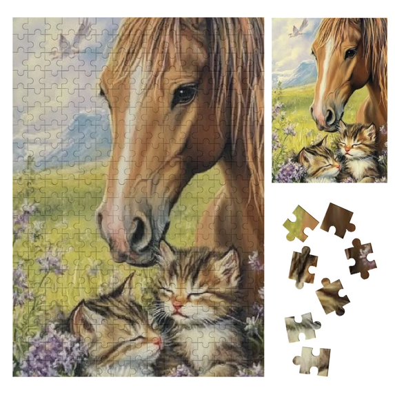Sheronv Horse Kittens Wooden Jigsaw Puzzle Vertical Style Eco-Friendly Wood Gift for Family and Friends 300PCS