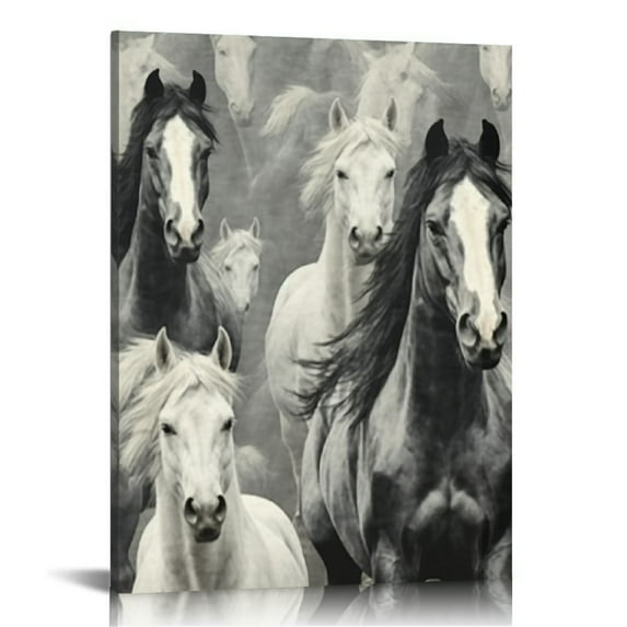 Sheronv Horses Field Black and White Fine Art Aesthetic Canvas Print Wall Painting for Living Room Bedroom Office Decor 16x20 in