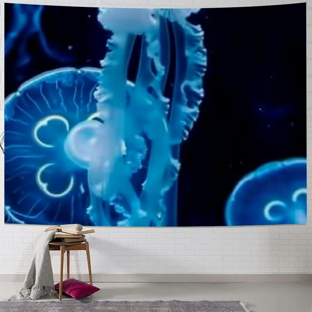 Sheronv Jellyfish Bioluminescence Underwater Tapestry Wall Hanging