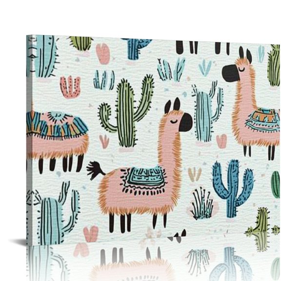 Sheronv Llamas Cactuses Pattern Canvas Wall Art Home Office Decor, Living Room Bedroom Theme 20x16in