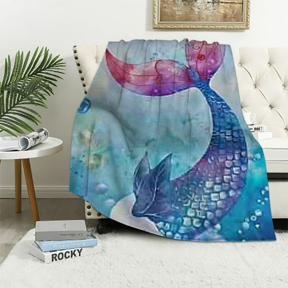 Sheronv Mermaid Fish Tail Bubbles Warm Lightweight Blanket Soft Fleece Blankets, Throw Blanket for Living Rooms Sofa Decor All Seasons - Cow Gifts Blanket 50x60in