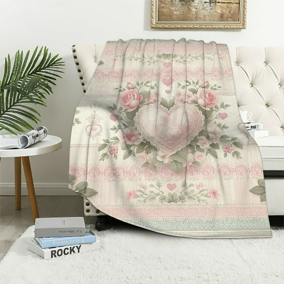 Sheronv Pink Roses Hearts Lace-like Borders Warm Lightweight Fleece All Seasons Throw Blanket Sofa Decor Cow Gifts Exquisite Super Soft Blanket 40x50in
