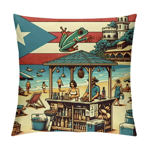 Sheronv Puerto Rico Flag Beach Leisure Coquí Frog Graphic Decorative Cushion Throw Pillow Cover for Home Couch Living Room Bed Sofa Car Bedroom - High-Quality 1PC 22x22in