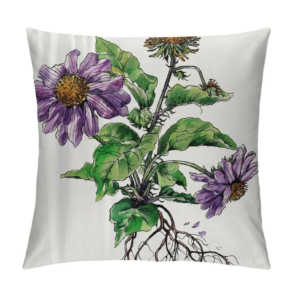 Sheronv Purple Flower Green Leaves Graphic Decorative Throw Pillow