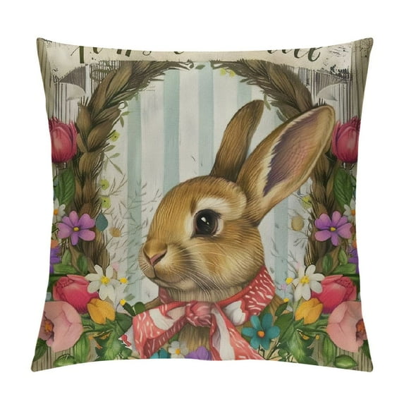 Sheronv Rabbit Flowers Banner Graphic Decorative Cushion Throw Pillow Cover for Home Living Room Sofa Bedroom, Spring Easter Square 1PC 20x20in
