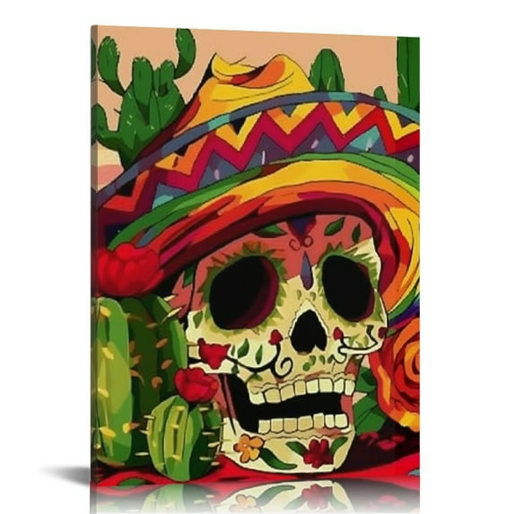 Sheronv Skull Sombrero Cactus Fine Art Aesthetic Poster Print Wall Painting for Living Room Bedroom Home Office Wall Decor 12x16 in