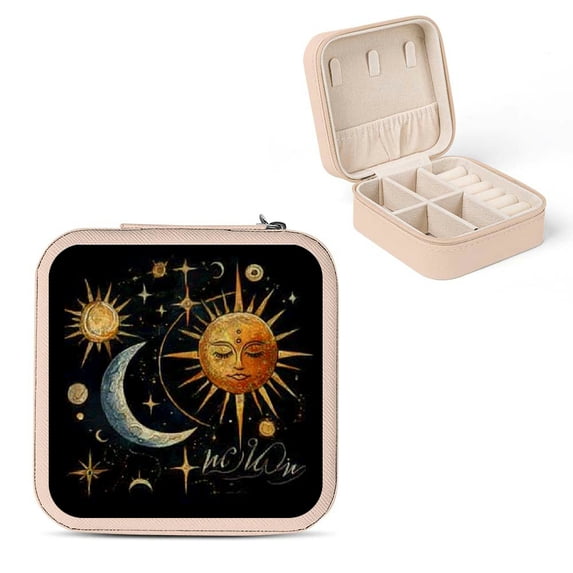 Sheronv Sun Moon Astrology Jewelry Box Travel Case for Necklace Ring Earring, Compact Size with Multiple Storage Spaces Pink