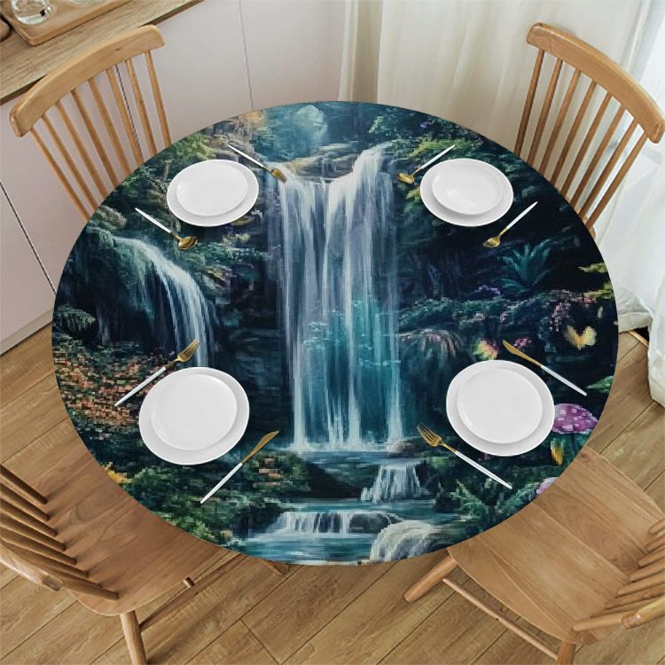 Sheronv Waterfall Trees Forest Round Tablecloth | Stain Resistant ...
