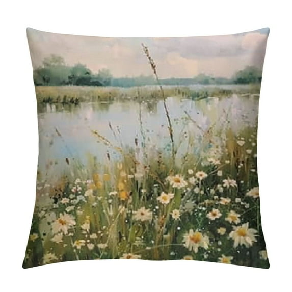 Sheronv Wild Flowers Lake Sky Graphic Decorative Cushion Throw Pillow Cover Short Plush Spring Pillow Covers 1PC 12x12in