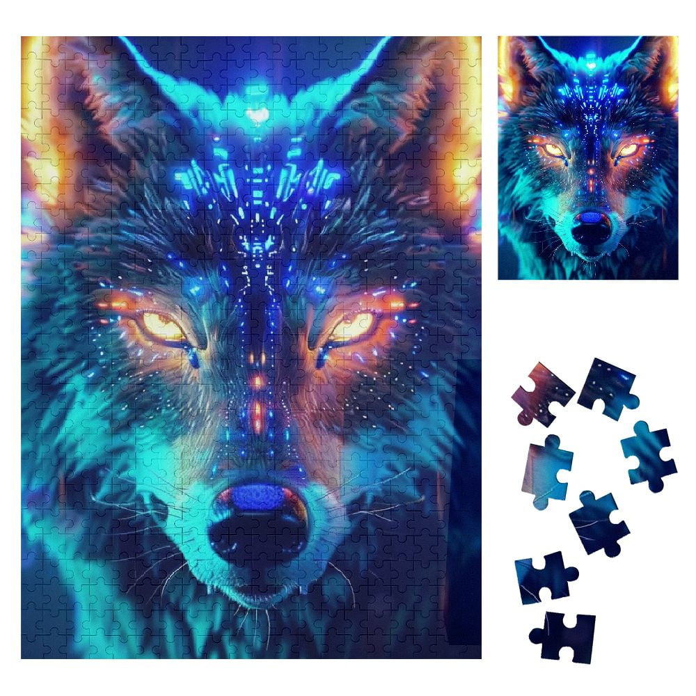 Sheronv Wolf Glowing Eyes Neon Glow Wooden Jigsaw Puzzle Vertical Style ...