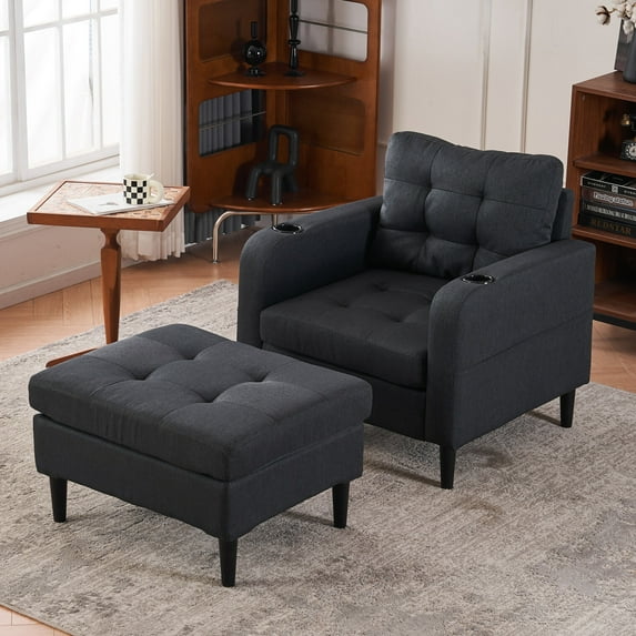 Sherpa Accent Chair & Storage Ottoman Set with Tufted Detailing, Comfortable Upholstered Armchair with Cup Holders and side pocket, Versatile Lounge for Living Room, Bedroom, Reading Nook, Dark Gray