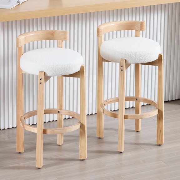 Sherpa Bar Stools Set of 2, 30.25" Bar Height Stools with Back, Boucle Upholstered Barstools with Solid Wood Legs Tall Bar Chairs for Kitchen Island Dining Room, White