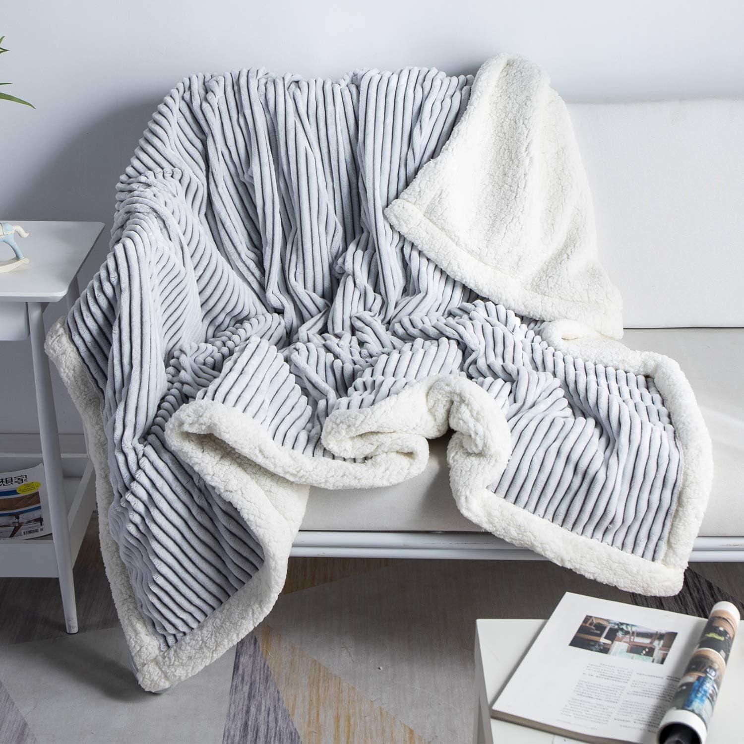 Grey and White Reversible Sherpa Fleece Throw Blanket 51x63"