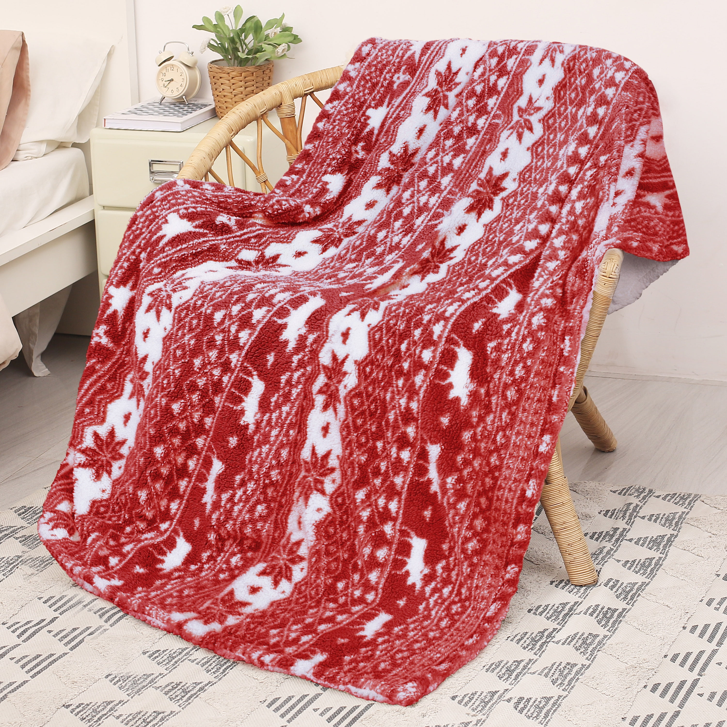 Red and White Sherpa Fleece Christmas Reversible Throw Blanket 60" x 50"