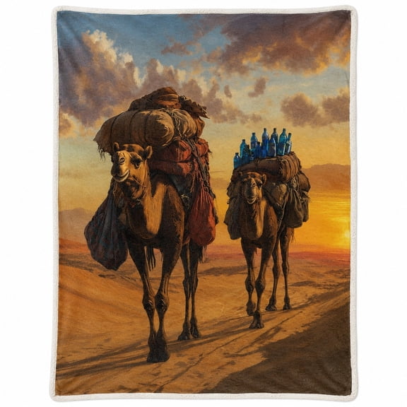 Sherpa Blanket with Camel Desert Caravan Print, Polyester Fleece Throw Blanket, Soft 2-Layer Fleece and Sherpa, Multiple Sizes