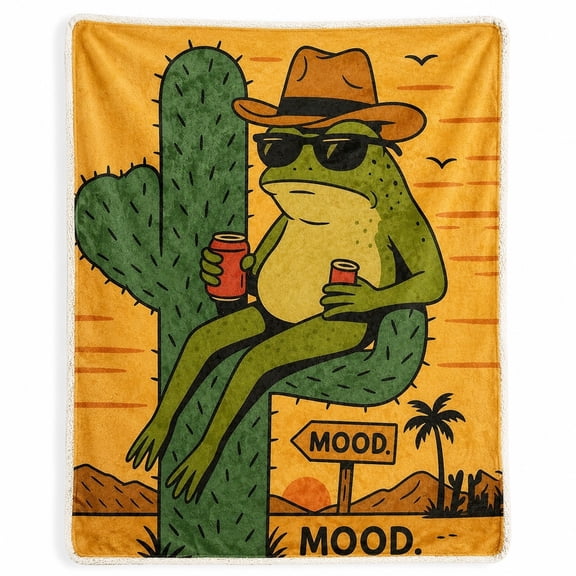 Sherpa Blanket with Funny Desert Frog Design, 2 Layer Polyester Fleece Throw, Soft Printed Blanket, Multiple Sizes