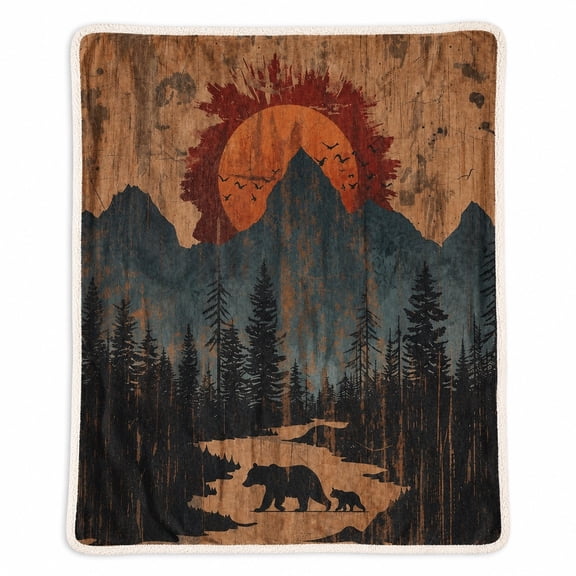 Sherpa Blanket with Rustic Mountain Bear Forest Sunset Print, Polyester Fleece Throw, 2-Layer Sherpa, Multiple Sizes