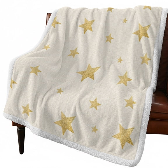 Sherpa Blankets Fleece Throw Blanket Reversible Soft Cozy Bed Blankets Gold Stars on Burlap Linen,Sofa Throws,Seamless Shining Star Fuzzy Warm Blankets for Couch,40x50in