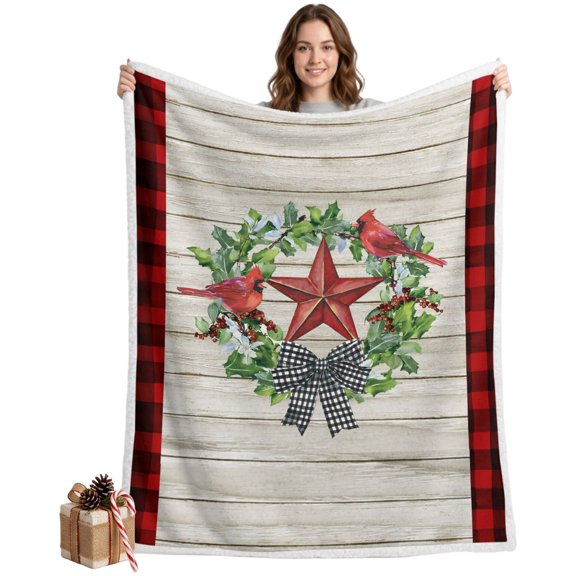 Sherpa Blankets Fleece Throw Blanket Reversible Soft Cozy Bed Blankets Pentagram Bird on Wood Board,Flannel Sofa Throws,Red Black Plaid Fuzzy Warm Blankets for Couch,40x50in