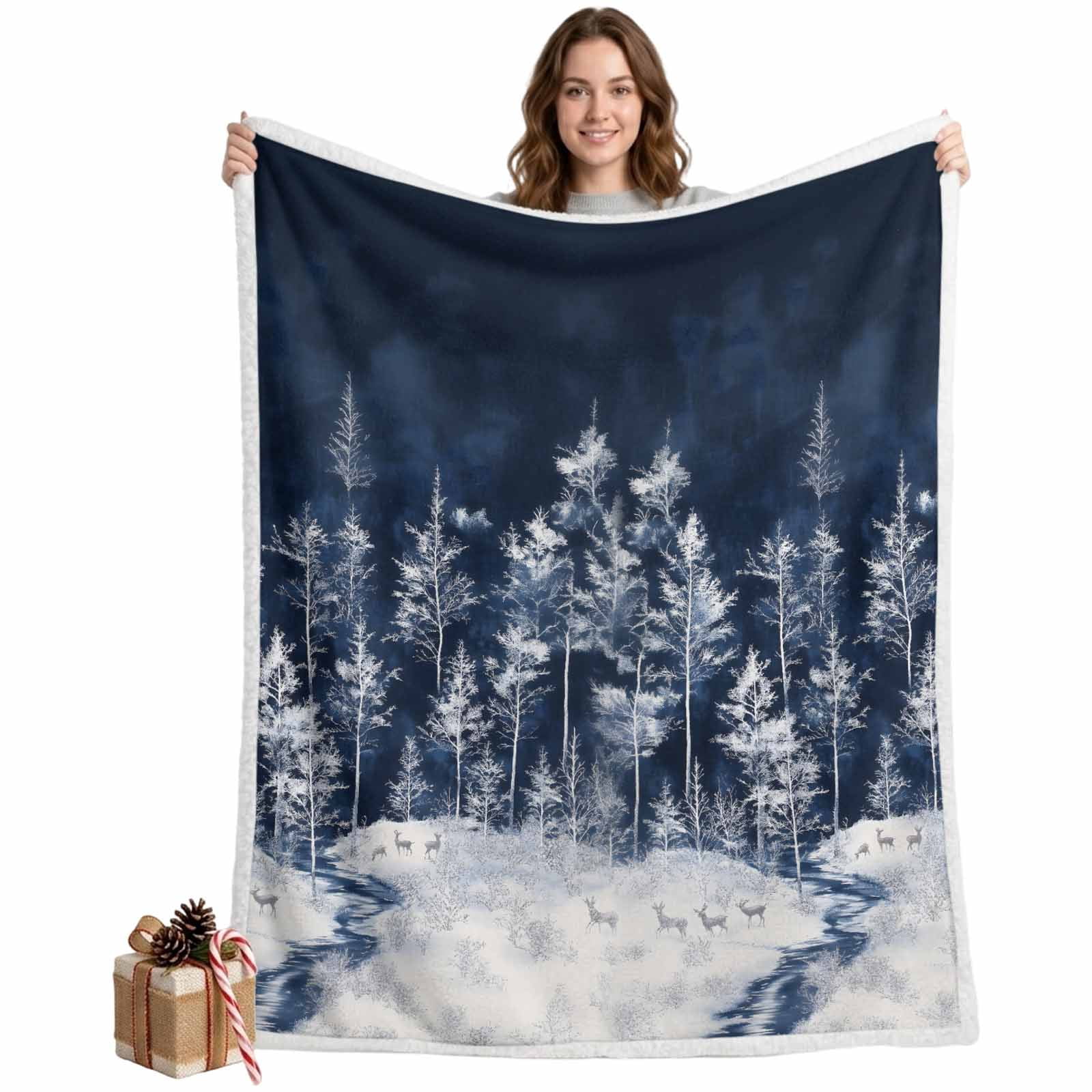 Sherpa Blankets Fleece Throw Blanket Reversible Soft Cozy Bed Blankets Winter Forest Elk Pine Trees,Flannel Sofa Throws,Snowfield Reindeer Trees Fuzzy Warm Blankets for Couch,50x60in