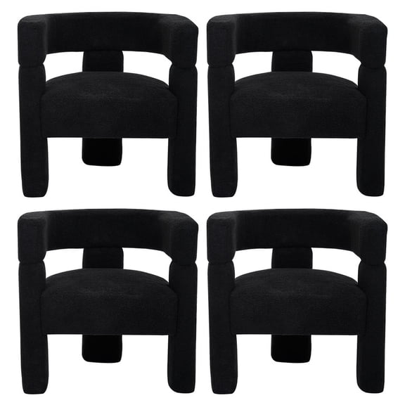 Sherpa Boucle Accent Chairs, Mid Century Modern Dining Room Chairs 4 PCS, Comfy Upholstered Side Armchairs Cute Barrel Side Chairs with 3 Legs for Bedroom/Kitchen/Living /Balcony/Reception, Black