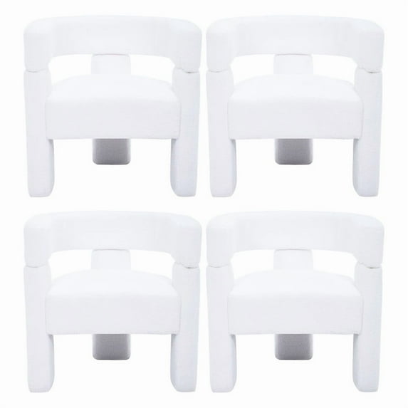 Sherpa Boucle Accent Chairs, Mid Century Modern Dining Room Chairs 4 PCS, Comfy Upholstered Side Armchairs Cute Barrel Side Chairs with 3 Legs for Bedroom/Kitchen/Living /Balcony/Reception, White