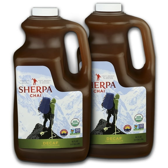 Sherpa Chai Decaf Organic Chai Tea Concentrate, 128 oz - Himalayan Black Tea Concentrate w/Freshly Pressed Ginger - Authentic Recipe Brewed by Nepali Sherpas - Chai Tea Gift for Latte Tea Lovers