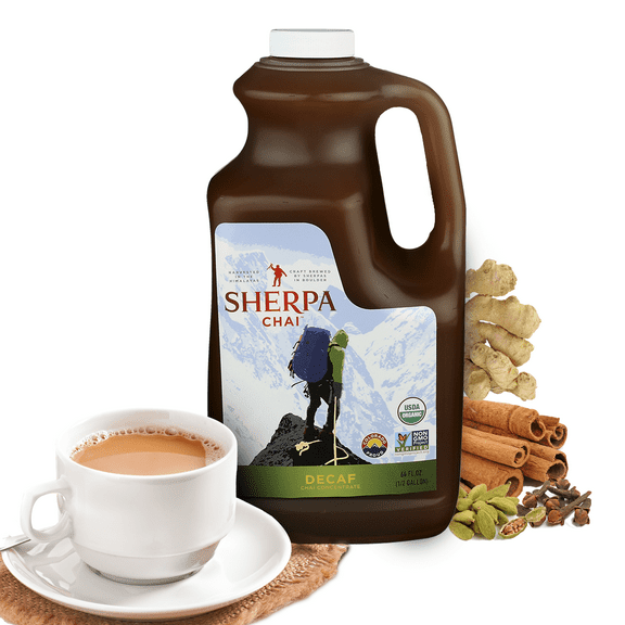Sherpa Chai Decaf Organic Chai Tea Concentrate, 64 oz - Himalayan Black Tea Concentrate w/Freshly Pressed Ginger - Authentic Recipe Brewed by Nepali Sherpas - Chai Tea Gift for Latte Tea Lovers