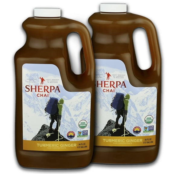 Sherpa Chai Freshly Pressed Turmeric Ginger Organic Chai Tea Concentrate, 128 oz - Himalayan Black Tea w/Non-GMO Ingredients - Authentic Recipe Brewed by Nepali Sherpas - Gift for Tea Lovers
