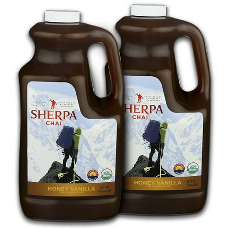 Sherpa Chai Honey Vanilla Organic Chai Tea Concentrate, 128 oz - Himalayan Black Tea Concentrate w/Freshly Pressed Ginger - Authentic Recipe Brewed by Nepali Sherpas - Chai Tea Gift for Tea Lovers