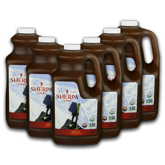 Sherpa Chai Spicy Organic Chai Tea Concentrate, 384 oz - Himalayan Black Tea Concentrate w/Freshly Pressed Ginger - Authentic Recipe Brewed by Nepali Sherpas - Chai Tea Gift for Latte Tea Lovers