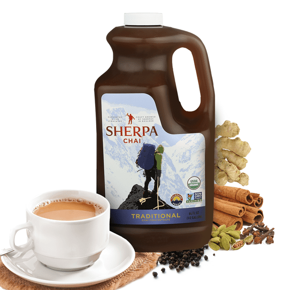 Sherpa Chai Traditional Chai Tea Concentrate 64oz - Hand Crafted Black Tea Concentrate with Non-GMO Ingredients - Authentic Chai Recipe Brewed by Nepali Sherpas - Chai Tea Gift for Tea Lovers