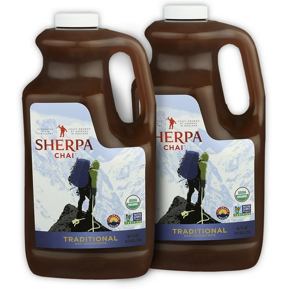 Sherpa Chai Traditional Organic Chai Tea Concentrate, 128 oz - Himalayan Black Tea Concentrate w/Freshly Pressed Ginger - Authentic Recipe Brewed by Nepali Sherpas - Chai Tea Gift for Tea Lovers