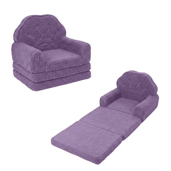 Generic 2-in-1 Kids Sherpa Foam Sofa Purple Crown Convertible Chair for Living Room and Playroom