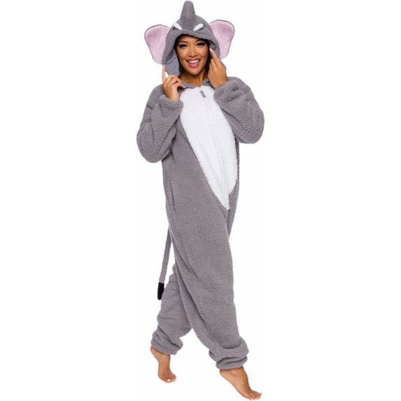 Sherpa Elephant One Piece - Plush Adult Animal Costume Jumpsuit by FUNZIEZ! (Gray, Medium)
