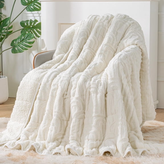 Sherpa Fleece Adult Weighted Blanket Great for Sleep, 15 lbs Dual Sided Soft Fuzzy Heavy Blankets for Couch Bed Sofa, Cozy Warm Arched Jacquard Throw for Winter (Cream White, 48" x 72", 15 Pounds)