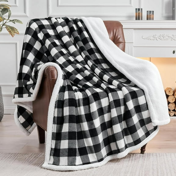 Sherpa Fleece Blanket - Black and White Buffalo Plaid Christmas Blanket, Super Soft Cozy Warm Thick Winter Throw Blankets for Couch and Bed, 60" x 80"