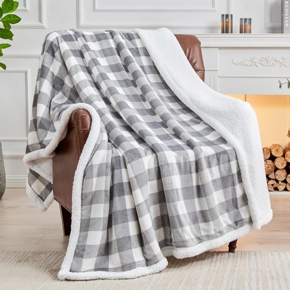 Sherpa Fleece Blanket - Grey and White Buffalo Plaid Christmas Blanket, Super Soft Cozy Warm Thick Winter Throw Blankets for Couch and Bed, 60" x 80"